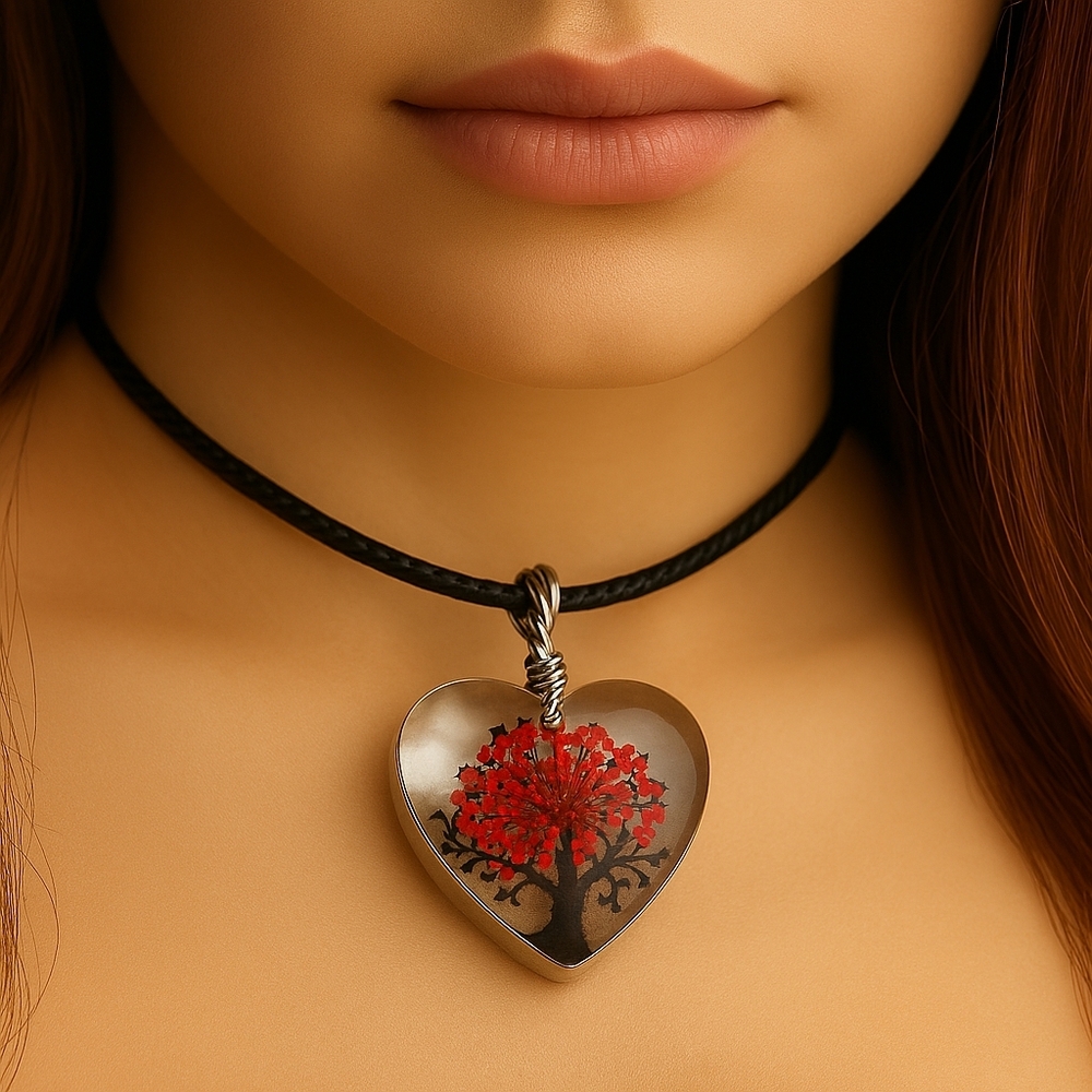 Women's Heart Pendant Necklace – Red Floral Design on 18" Black Cord - Jewelry